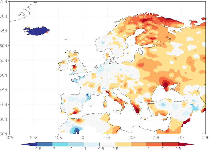 minimum temperature anomaly Summer half year (April-September)  w.r.t. 1981-2010