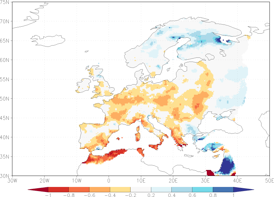 precipitation anomaly Summer half year (April-September)  relative anomalies  (-1: dry, 0: normal, 2: three times normal)
