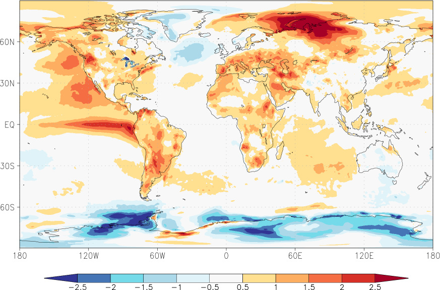 temperature (2m height, world) anomaly Summer half year (April-September)  w.r.t. 1981-2010