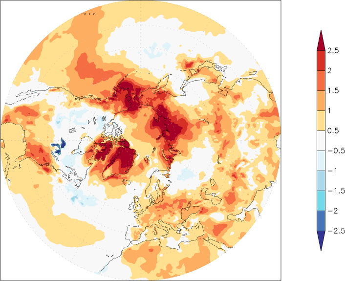 temperature (2m height, northern hemisphere) anomaly Summer half year (April-September)  w.r.t. 1981-2010