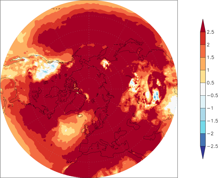 temperature (2m height, northern hemisphere) anomaly Winter half year (October-March)  w.r.t. 1981-2010