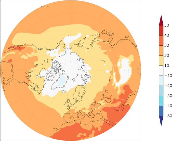 temperature (2m height, northern hemisphere) August  observed values