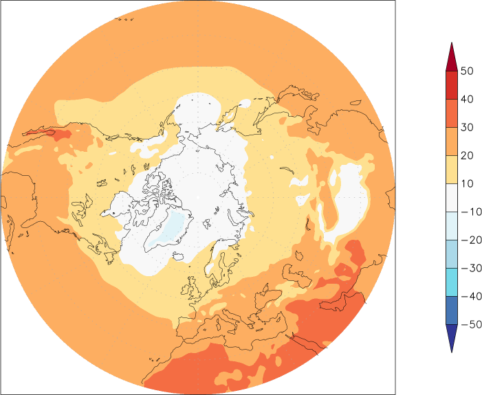 temperature (2m height, northern hemisphere) August  observed values