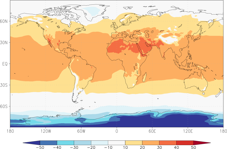 temperature (2m height, world) August  observed values