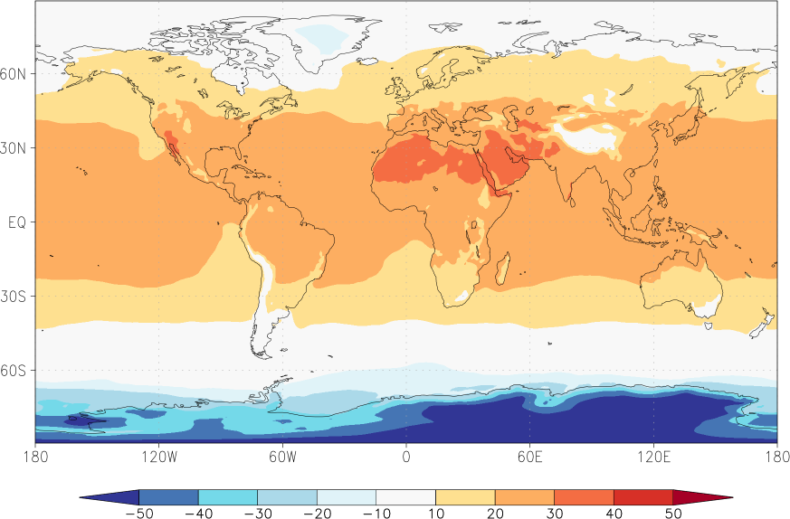 temperature (2m height, world) August  observed values