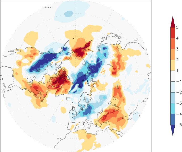 temperature (2m height, northern hemisphere) anomaly December  w.r.t. 1981-2010