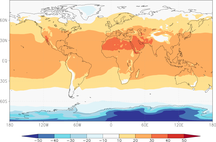 temperature (2m height, world) August  observed values