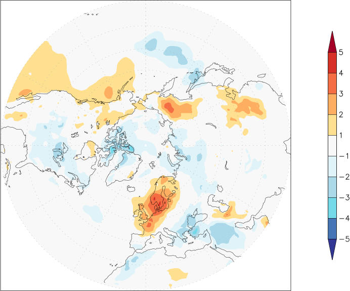 temperature (2m height, northern hemisphere) anomaly August  w.r.t. 1981-2010