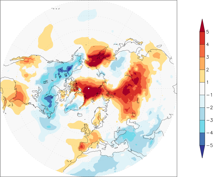 temperature (2m height, northern hemisphere) anomaly March  w.r.t. 1981-2010