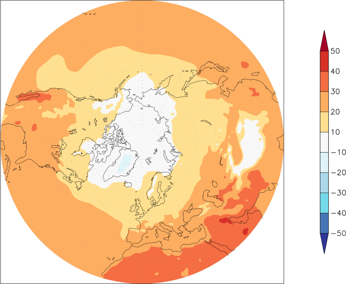 temperature (2m height, northern hemisphere) August  observed values