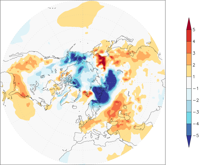 temperature (2m height, northern hemisphere) anomaly January  w.r.t. 1981-2010