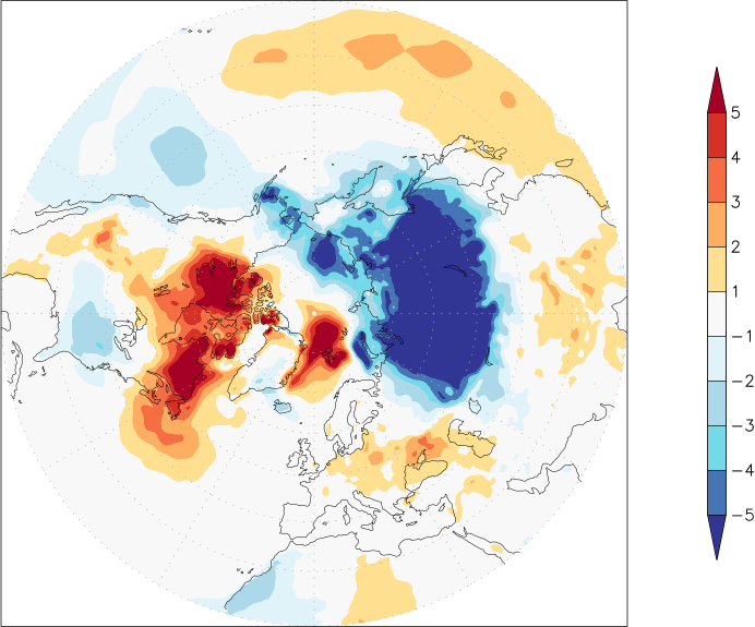 temperature (2m height, northern hemisphere) anomaly March  w.r.t. 1981-2010