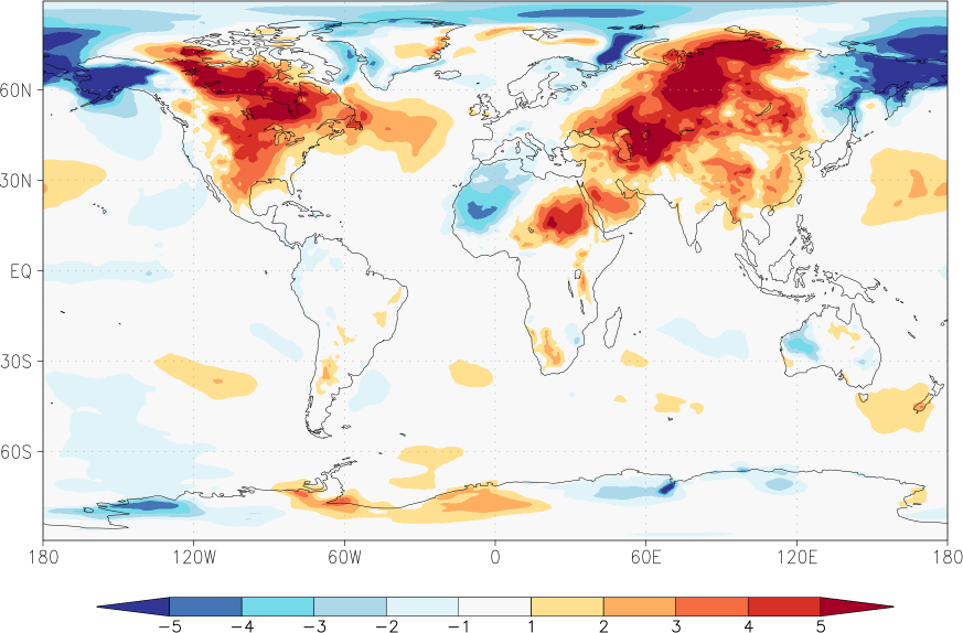 temperature (2m height, world) anomaly February  w.r.t. 1981-2010