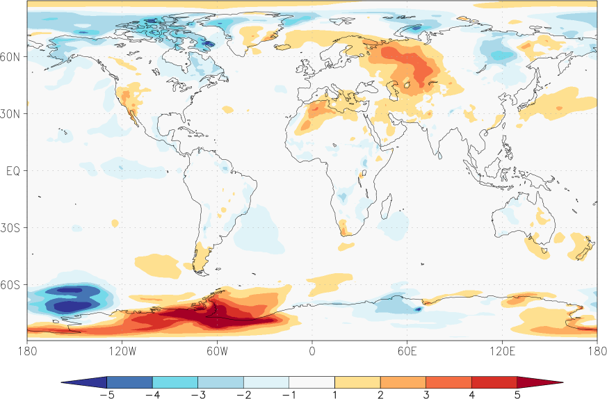 temperature (2m height, world) anomaly October  w.r.t. 1981-2010