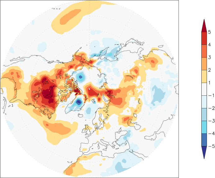 temperature (2m height, northern hemisphere) anomaly March  w.r.t. 1981-2010