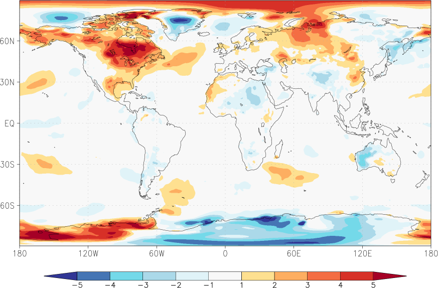 temperature (2m height, world) anomaly March  w.r.t. 1981-2010