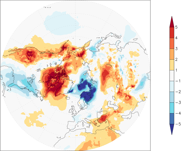 temperature (2m height, northern hemisphere) anomaly January  w.r.t. 1981-2010