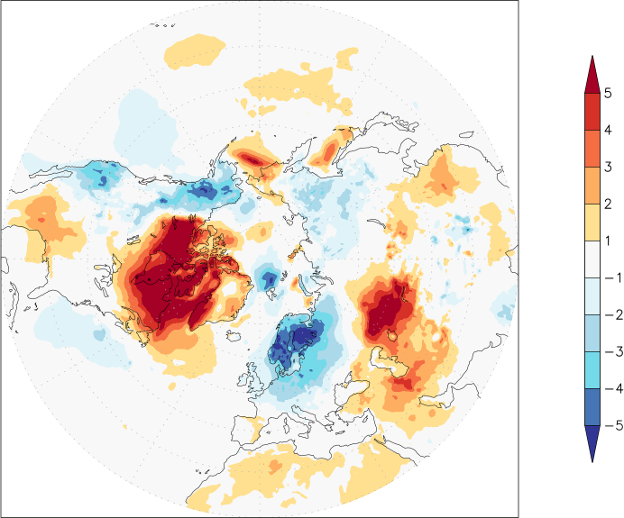 temperature (2m height, northern hemisphere) anomaly March  w.r.t. 1981-2010