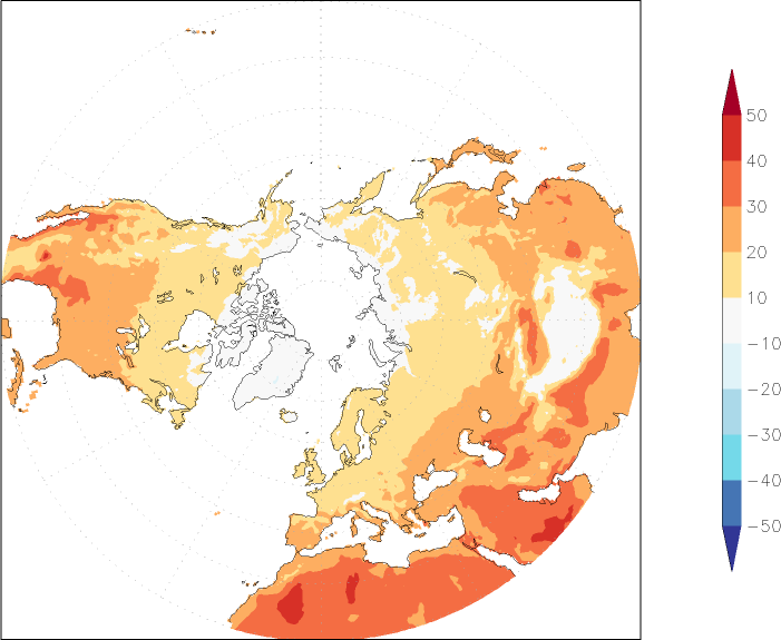 temperature (2m height, northern hemisphere) August  observed values