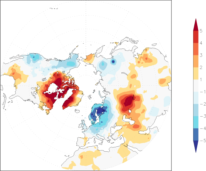 temperature (2m height, northern hemisphere) anomaly March  w.r.t. 1981-2010