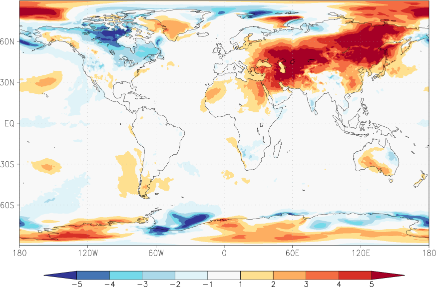 temperature (2m height, world) anomaly March  w.r.t. 1981-2010