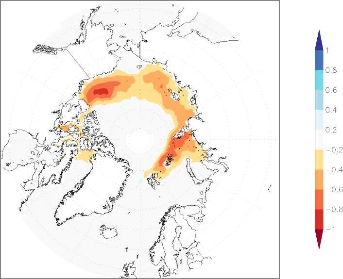 sea ice concentration (Arctic) anomaly October  w.r.t. 1981-2010