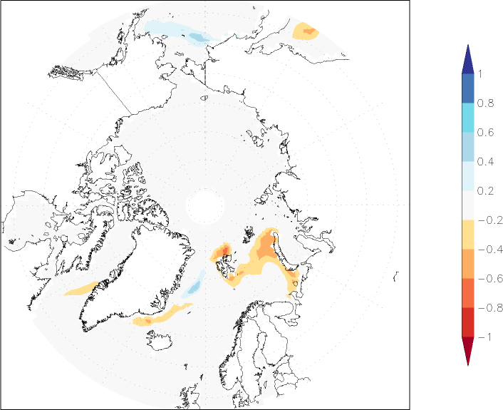 sea ice concentration (Arctic) anomaly February  w.r.t. 1981-2010