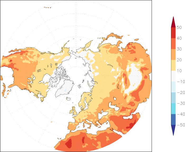 temperature (2m height, northern hemisphere) August  observed values