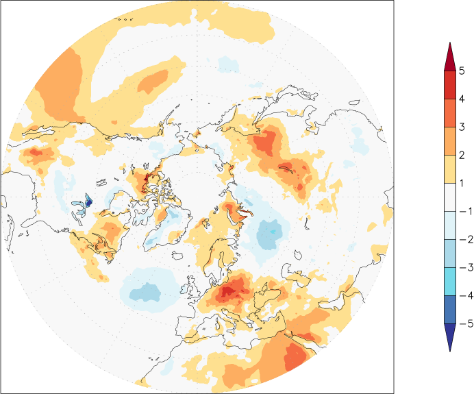 temperature (2m height, northern hemisphere) anomaly August  w.r.t. 1981-2010