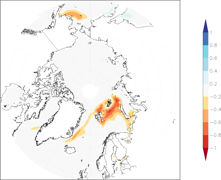 sea ice concentration (Arctic) anomaly February  w.r.t. 1981-2010