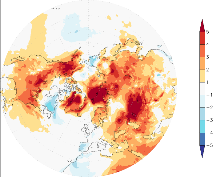 temperature (2m height, northern hemisphere) anomaly March  w.r.t. 1981-2010