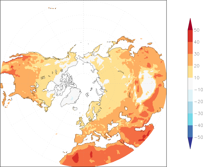 temperature (2m height, northern hemisphere) August  observed values
