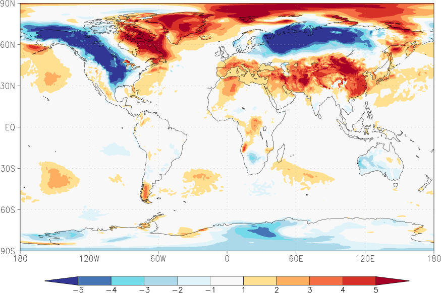 temperature (2m height, world) anomaly February  w.r.t. 1981-2010