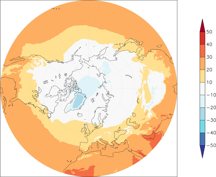 temperature (2m height, northern hemisphere) October  observed values