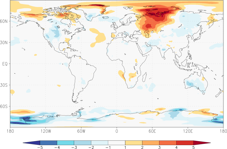 temperature (2m height, world) anomaly spring (March-May)  w.r.t. 1981-2010