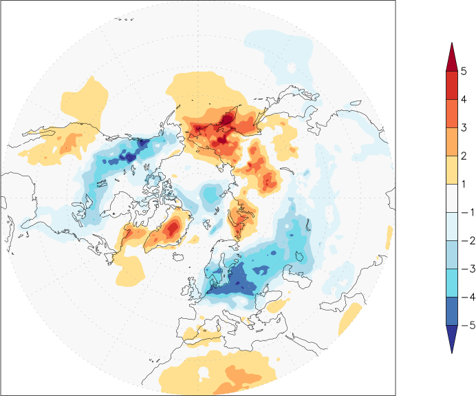 temperature (2m height, northern hemisphere) anomaly winter (December-February)  w.r.t. 1981-2010