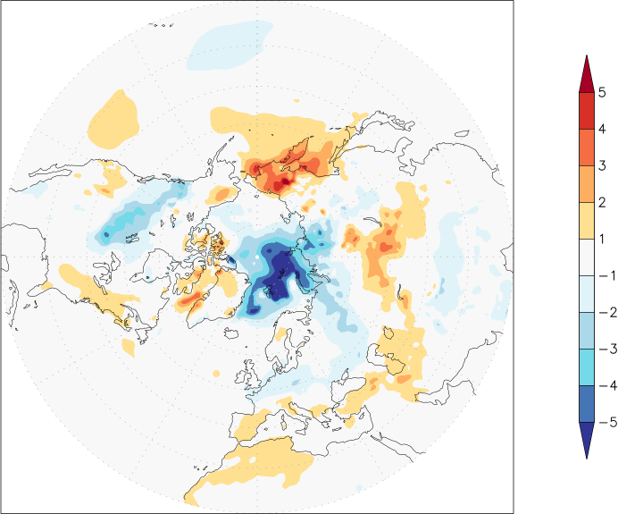 temperature (2m height, northern hemisphere) anomaly winter (December-February)  w.r.t. 1981-2010