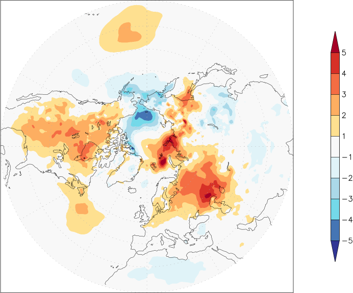 temperature (2m height, northern hemisphere) anomaly winter (December-February)  w.r.t. 1981-2010