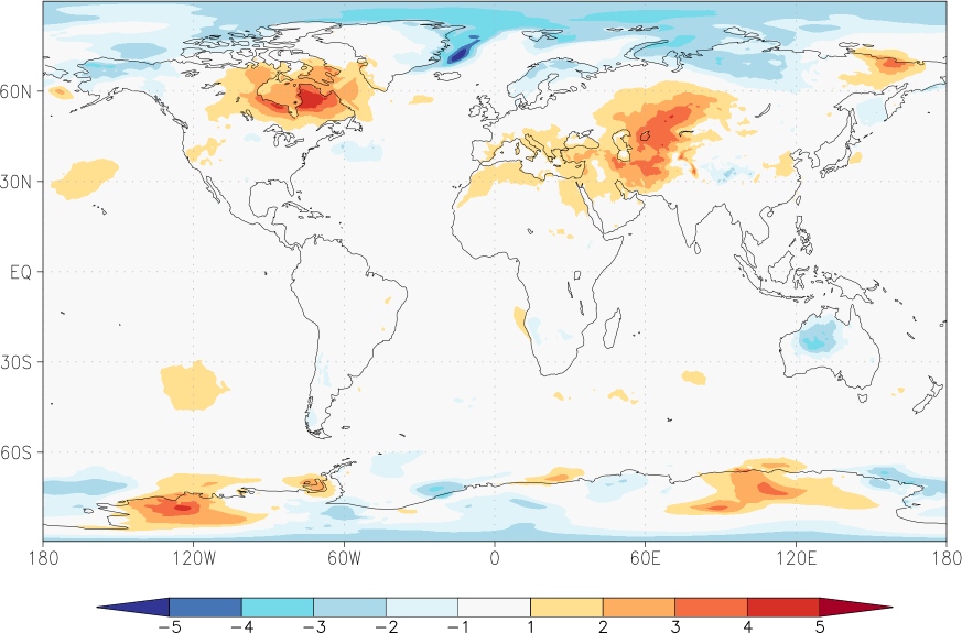 temperature (2m height, world) anomaly spring (March-May)  w.r.t. 1981-2010