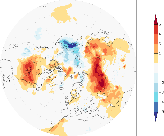 temperature (2m height, northern hemisphere) anomaly winter (December-February)  w.r.t. 1981-2010