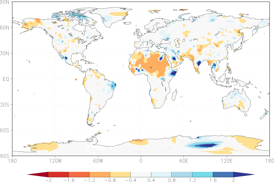 precipitation (rain gauges) anomaly winter (December-February)  relative anomalies  (-1: dry, 0: normal, 2: three times normal)