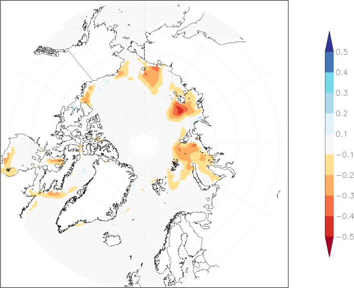 sea ice concentration (Arctic) anomaly summer (June-August)  w.r.t. 1981-2010
