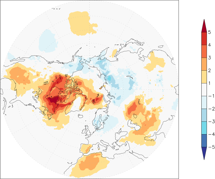 temperature (2m height, northern hemisphere) anomaly spring (March-May)  w.r.t. 1981-2010
