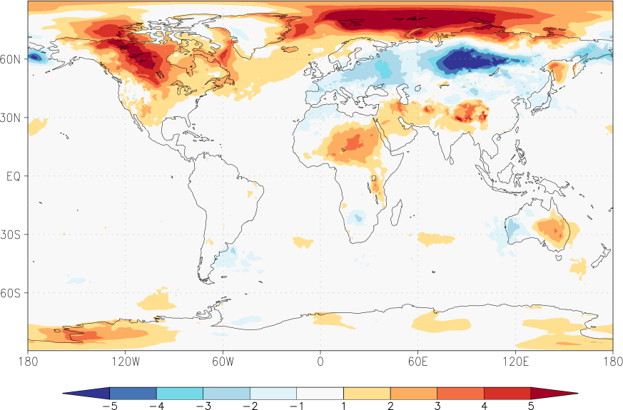 temperature (2m height, world) anomaly winter (December-February)  w.r.t. 1981-2010