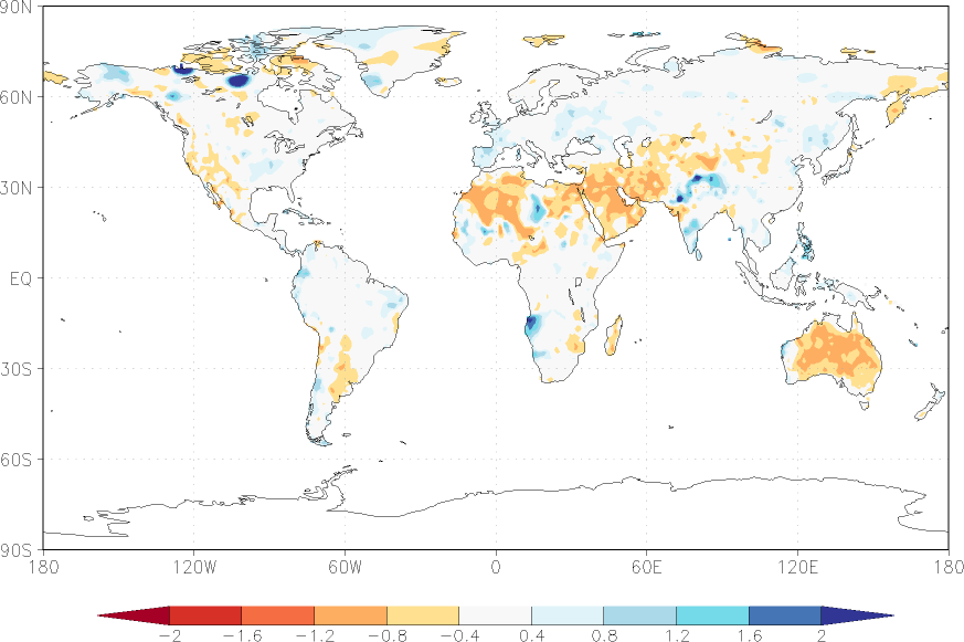precipitation (rain gauges) anomaly spring (March-May)  relative anomalies  (-1: dry, 0: normal, 2: three times normal)