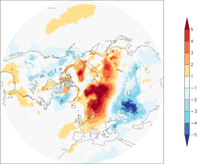 temperature (2m height, northern hemisphere) anomaly winter (December-February)  w.r.t. 1981-2010