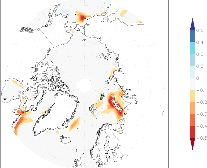 sea ice concentration (Arctic) anomaly spring (March-May)  w.r.t. 1981-2010
