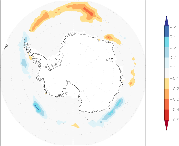 sea ice concentration (Antarctic) anomaly summer (June-August)  w.r.t. 1981-2010