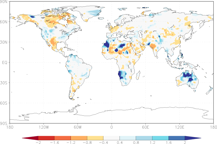 precipitation (rain gauges) anomaly spring (March-May)  relative anomalies  (-1: dry, 0: normal, 2: three times normal)