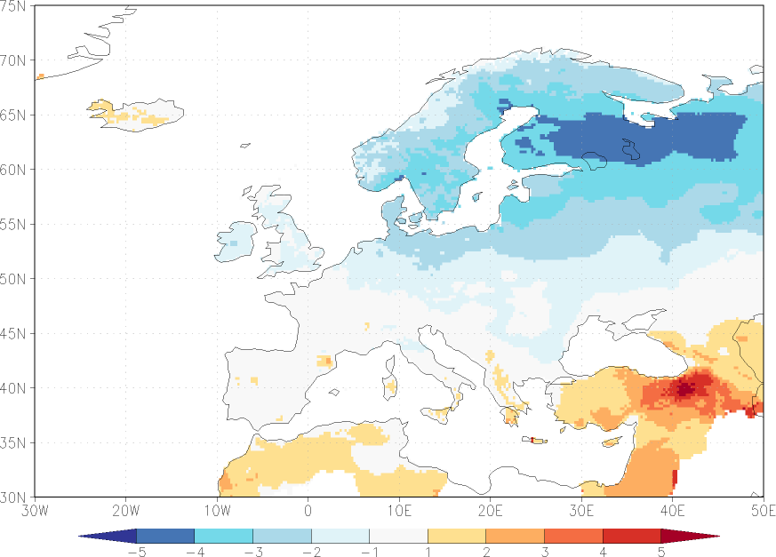 maximum temperature anomaly winter (December-February)  w.r.t. 1981-2010